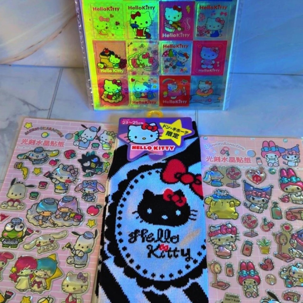 4-Piece grunge Sanrio Hello Kitty Socks & Holographic Stickers Bundle NWT - Picture 3 of 8